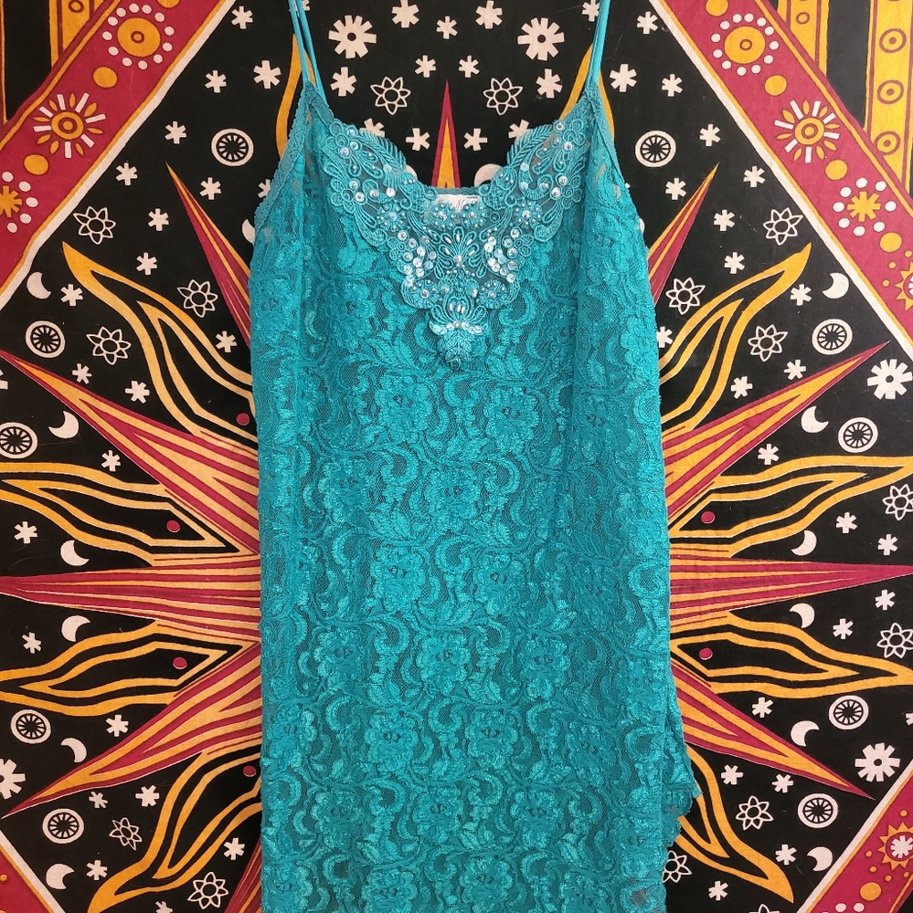Vintage Teal Lace Beaded Slip Dress
